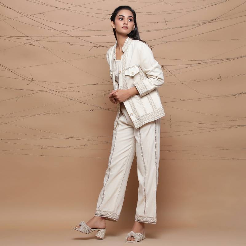 Jute Geschnürte Gerade Hose Und Cargo Jacke Set, Baumwoll Musselin Co-Ord Anpassbare Passende Set von SeamsFriendlyIndia