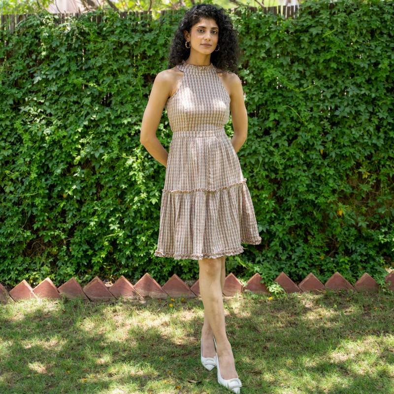 Lachsfarbenes, Geknittertes Baumwoll-Neckholder-Tier-Boho-Kleid, Gestreiftes Handperlenkleid Mit Taschen, Anpassbares Kleid Etsw von SeamsFriendlyIndia