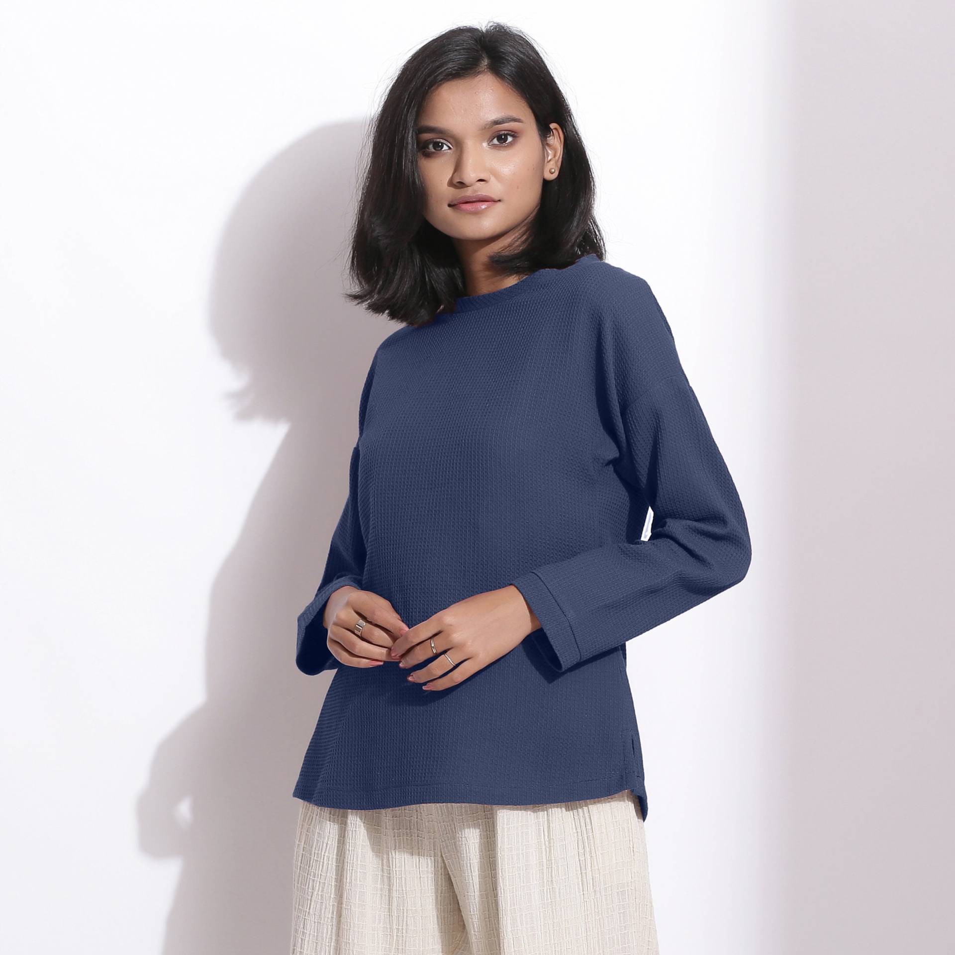 Navy Blau Drop Schulter Top, Baumwoll Waffel Rundhals Volle Ärmel Top Etsw Navy Blau Drop Schulter Top, Baumwoll Waffel Rundhals Volle Ärmel Top Etsw von SeamsFriendlyIndia