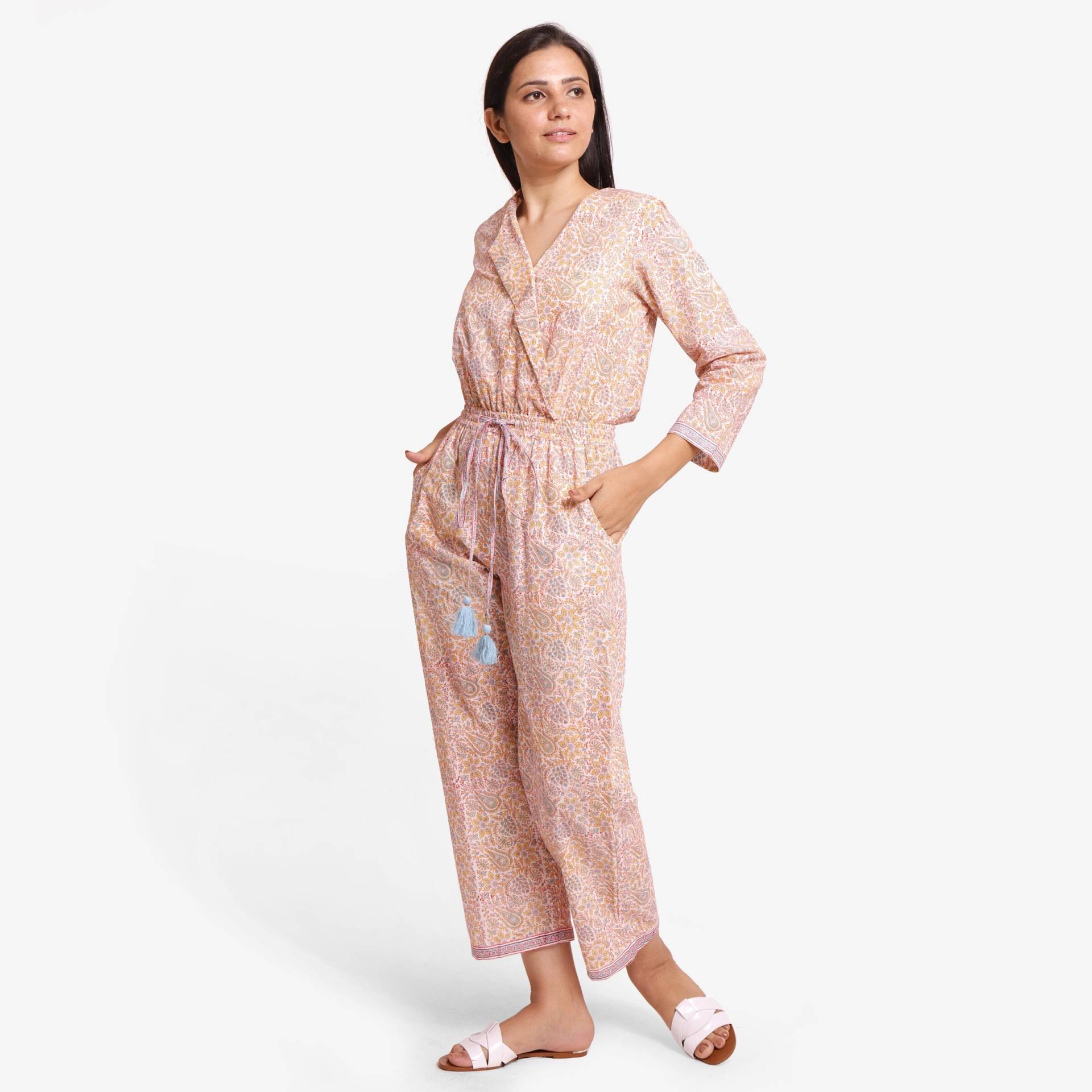 Pastell Rosa 100% Baumwolle Block Print Jumpsuit, Anpassbare Mid-Rise V-Ausschnitt Jumpsuit Mit Taschen, Plus Size, Petite, Tall Etsw von SeamsFriendlyIndia