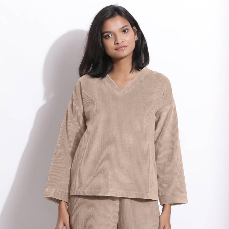 Taupe Beige 100% Baumwolle Cord V-Ausschnitt Top, Drop Schulter Entspannte Anpassbare Solid Stripes Plus Größe, Petite, Tall Etsw von SeamsFriendlyIndia