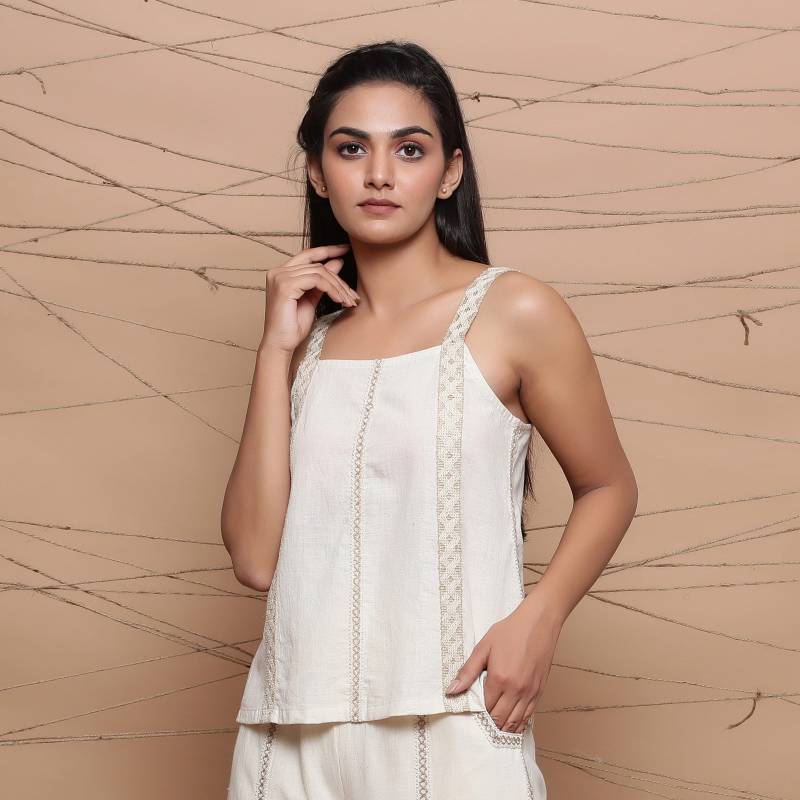 Ungefärbtes Handgesponnenes Baumwoll Musselin Träger Tank Top, Jute Spitze Binde Comfort Fit Personalisierbares Über Größe, Petite, Tall Etsw von SeamsFriendlyIndia