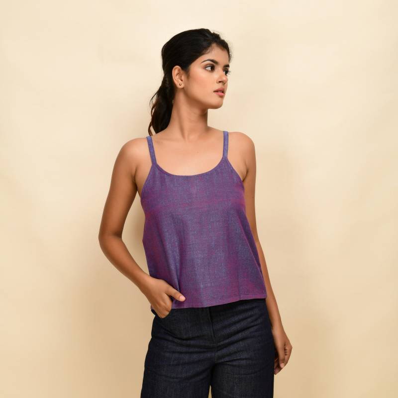 Violett 100% Baumwolle Garn Gefärbtes Top, Rundhals Spaghetti Anpassbare Relaxed Fit A-Linie Plus Size, Petite, Tall von SeamsFriendlyIndia