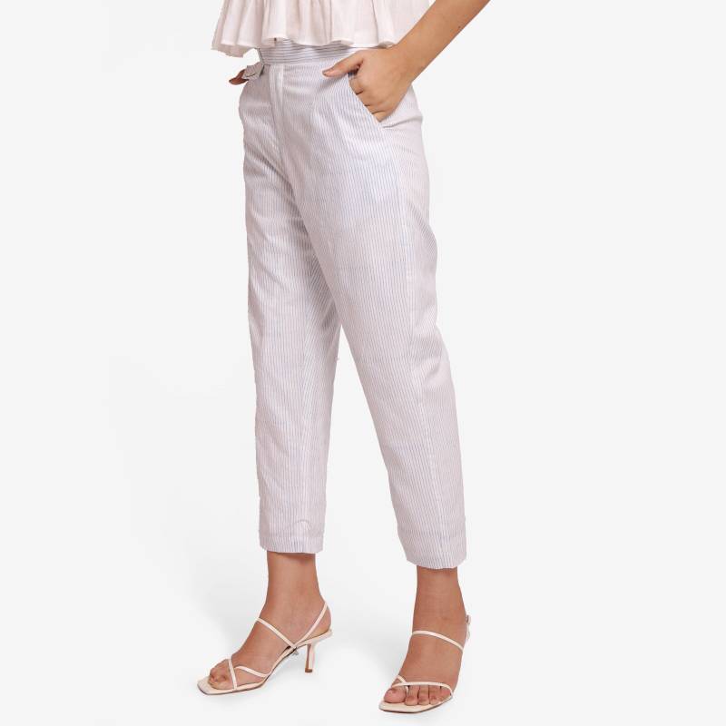 Weiße 100% Baumwolle Block Print Tapered Fit Hose, Anpassbare Mittelhohe Gebänderte Hose Mit Taschen, Plus Size, Petite, Tall Etsw von SeamsFriendlyIndia