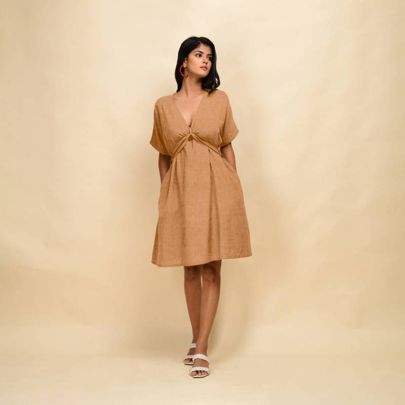 Wüstengelb 100% Leinen Knielanges Blousonkleid Mit V-Ausschnitt, Kleid Taschen, A-Linien-Blousonkleid, Anpassbares Etsw von SeamsFriendlyIndia