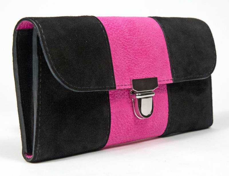 Damen Clutch Geldbörse in Schwarz/Pink Wildleder von SeanRayLeatherStudio