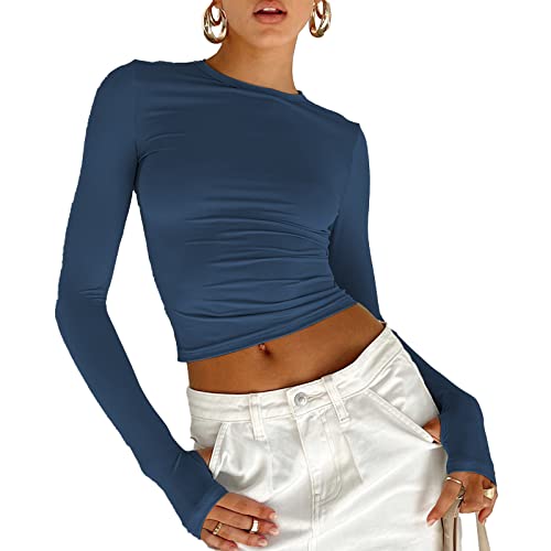 SearchI Damen Sexy Crop Top Langarmshirts Slim Fit Bauchfrei Oberteile Rundhals Y2K T-Shirt Teenage Mädchen Bluse T-Shirt Streetwear(Blau,S) von SearchI