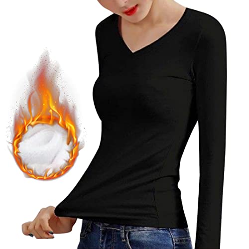 SearchI Damen Thermo Innenfleece Langarmshirt Schlanke Thermo Unterhemd Thermounterwäsche Einfarbiges Thermooberteile für Damen(Schwarz/V-Ausschnitt,L) von SearchI