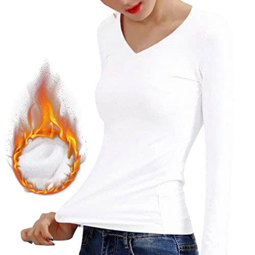 SearchI Damen Thermo Innenfleece Langarmshirt Schlanke Thermo Unterhemd Thermounterwäsche Einfarbiges Thermooberteile für Damen(Weiß/V-Ausschnitt,M) von SearchI