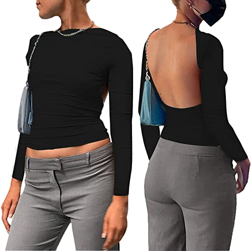 SearchI Frauen Rückenfreies Langarm-Top Sexy Slim Fit Open Back Shirt Crewneck Casual Damen Rückenfrei T-Shirt Y2K Front Back Reversible Tops(Schwarz,S) von SearchI