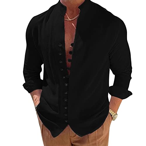SearchI Henley-Hemd Langarm mit Knöpfen Leicht&Atmungsaktiv Sommerhemd Herren Freizeithemd Baumwolle Leinenhemd Casual Regular Fit Men Shirts(Schwarz,2XL) von SearchI