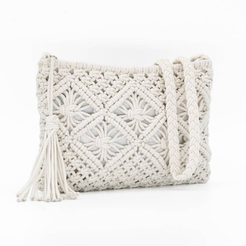 Makramee Boho Tasche Weiß Damen | M. Innenfutter & Fransen Anhänger Brauttasche Häkeltasche Crossbody Umhängetasche Crochet Bag Handtasche von SeasaraShop