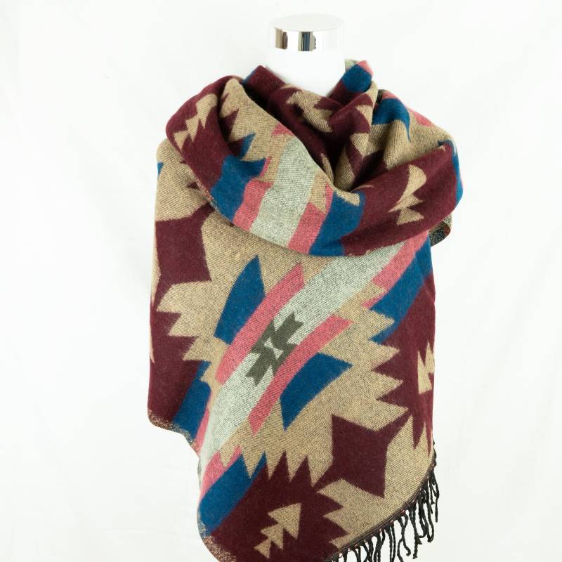 Schal Burgundy Extra Groß, Zum Umhängen | Ethno Poncho Stola Cape Schultertuch Tuch Umhang Plaid Decke Bordeaux Burgund Weinrot Beige Bunt von SeasaraShop