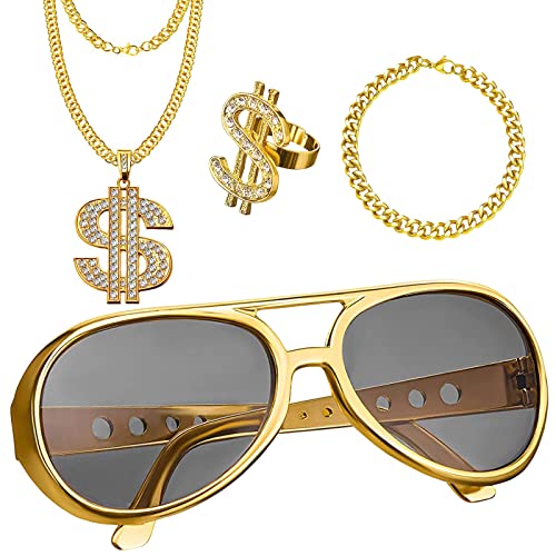 4 Stück Hip Hop Kostüm Accessories, Dollar Zeichen Armbänder Ring Sonnenbrille Goldkette Set, Rapper Accessoires, Hiphop Rapper Punk Gold Kette, Hiphop Schmuck für 80s/90s Fasching Karneval Party von Seasboes