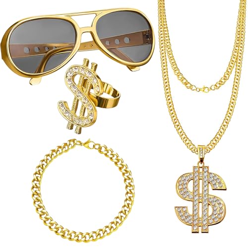 Seasboes 4 Stück Dollar Kette set, Hip Hop Kostüm Set, Hip Hop Kostüm Accessories, Dollar Zeichen Armbänder Ring Goldkette Set, Rapper Accessoires,Hiphop Schmuck für 80er 90er Fasching Karneval Party von Seasboes