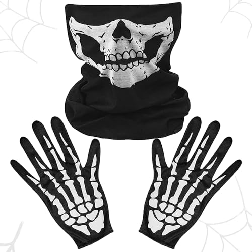 Skelett Maske, Skelett Handschuhe, Halloween Gesichtsmaske Handschuhe Schwarz, Ghost Sport Maske mit Skeleton Pattern Gloves für Fasching Halloween Cosplay Kostüm Karneval Motorrad Fahrrad Ski von Seasboes