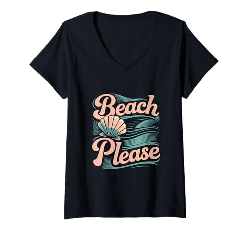 Damen Shell and Ocean Vibes - Beach Please Fun Spruch T-Shirt mit V-Ausschnitt Damen Shell and Ocean Vibes - Beach Please Fun Spruch T-Shirt mit V-Ausschnitt von Seashell Ocean Design