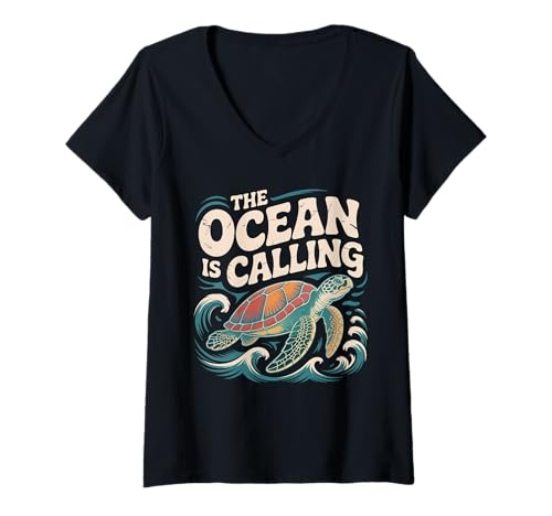Damen Der Ozean Ruft Meeresschildkröte Meereskunst T-Shirt mit V-Ausschnitt Damen Der Ozean Ruft Meeresschildkröte Meereskunst T-Shirt mit V-Ausschnitt von Seaside Adventures Apparel Ocean Lover
