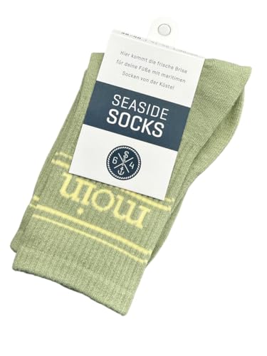 Seaside No.64 - Socken mit maritimer Botschaft - Tennissocken im nordischen Stil - farbige Strümpfe mit Schriftzug - Unisex auch für alle Landratten (Moin - horizontal - grün/gelb, S = 36-40) von Seaside No.64
