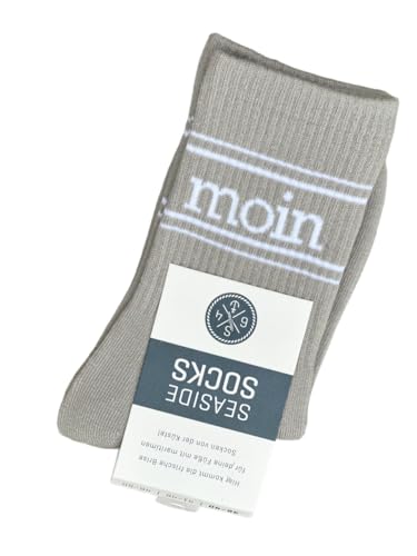 Seaside No.64 - Socken mit maritimer Botschaft - Tennissocken im nordischen Stil - farbige Strümpfe mit Schriftzug - Unisex auch für alle Landratten (Moin - horizontal - taupe/weiß, L = 46-50) von Seaside No.64