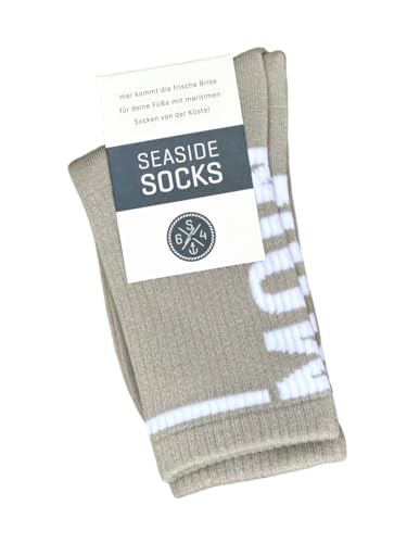 Seaside No.64 - Socken mit maritimer Botschaft - Tennissocken im nordischen Stil - farbige Strümpfe mit Schriftzug - Unisex auch für alle Landratten (Moin - vertikal - taupe/weiß, S = 36-40) von Seaside No.64