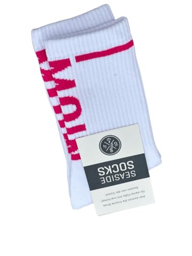 Seaside No.64 - Socken mit maritimer Botschaft - Tennissocken im nordischen Stil - farbige Strümpfe mit Schriftzug - Unisex auch für alle Landratten (Moin - vertikal - weiß/pink, S = 36-40) von Seaside No.64