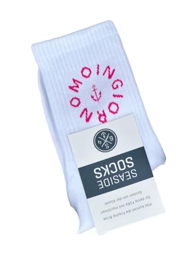 Seaside No.64 - Socken mit maritimer Botschaft - Tennissocken im nordischen Stil - farbige Strümpfe mit Schriftzug - Unisex auch für alle Landratten (Moingiorno - weiß/pink, S = 36-40) von Seaside No.64