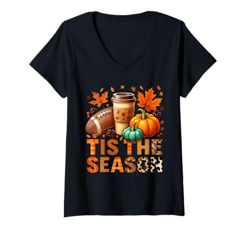 Damen Das ist die Jahreszeit, Herbststimmung, Herbst-Fußball-Kürbis T-Shirt mit V-Ausschnitt Damen Das ist die Jahreszeit, Herbststimmung, Herbst-Fußball-Kürbis T-Shirt mit V-Ausschnitt von Seasonal Autumn Pumpkin Coffee Football