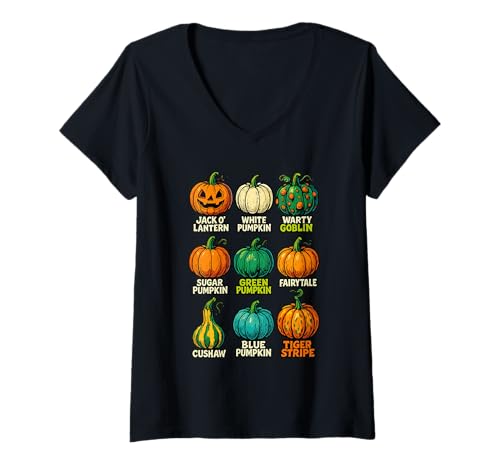 Damen Kürbissorten Herbsterntearten Halloween T-Shirt mit V-Ausschnitt von Seasonal Autumn Pumpkin Patch Tee for Fall Lover
