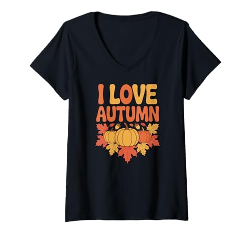 Damen I Love Autumn Kürbisblätter Herbst-Design T-Shirt mit V-Ausschnitt Damen I Love Autumn Kürbisblätter Herbst-Design T-Shirt mit V-Ausschnitt von Seasonal Fall Pumpkin Leaves Theme Warm Colors