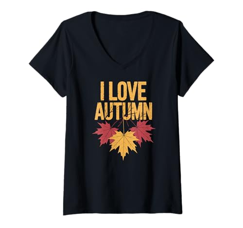Damen I Love Autumn Leaves Herbstsaison T-Shirt mit V-Ausschnitt von Seasonal Foliage Autumn Leaves Love