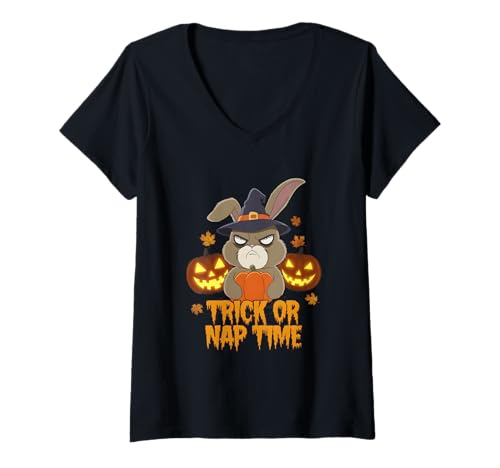 Damen Lustiger Hase Grumpy Bunny Trick or Naptime Halloween Humor Lustiges Kaninchen T-Shirt mit V-Ausschnitt von Seasonal Grumpy Bunny Clothing Festive Sass Tees