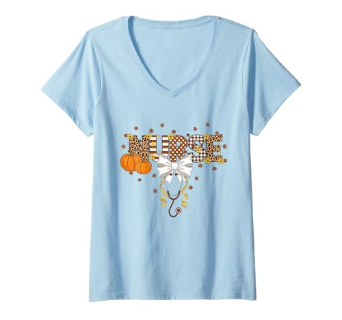 Damen Thanksgiving Krankenschwester Stethoskop Kokette Schleife Halloween Herbst T-Shirt mit V-Ausschnitt Damen Thanksgiving Krankenschwester Stethoskop Kokette Schleife Halloween Herbst T-Shirt mit V-Ausschnitt von Seasonal Scrub Styles