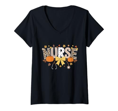 Damen Thanksgiving Krankenschwester Stethoskop Kokette Schleife Halloween Herbst T-Shirt mit V-Ausschnitt Damen Thanksgiving Krankenschwester Stethoskop Kokette Schleife Halloween Herbst T-Shirt mit V-Ausschnitt von Seasonal Scrub Styles