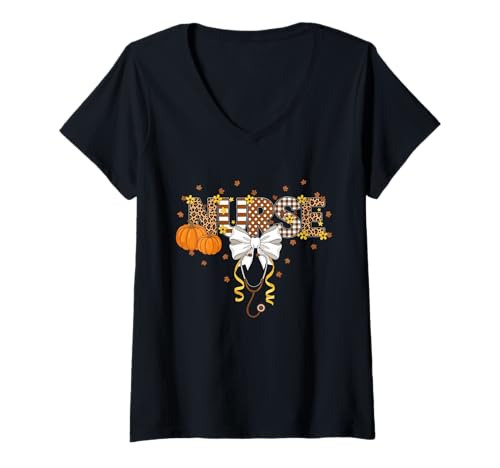 Damen Thanksgiving Krankenschwester Stethoskop Kokette Schleife Halloween Herbst T-Shirt mit V-Ausschnitt Damen Thanksgiving Krankenschwester Stethoskop Kokette Schleife Halloween Herbst T-Shirt mit V-Ausschnitt von Seasonal Scrub Styles