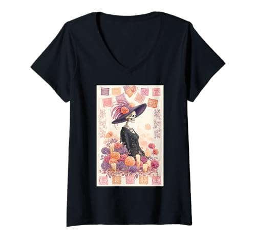 Damen Dia De Los Muertos La Catrina Skelett Frau T-Shirt mit V-Ausschnitt Damen Dia De Los Muertos La Catrina Skelett Frau T-Shirt mit V-Ausschnitt von Seasonal and Holiday Illustration Designs