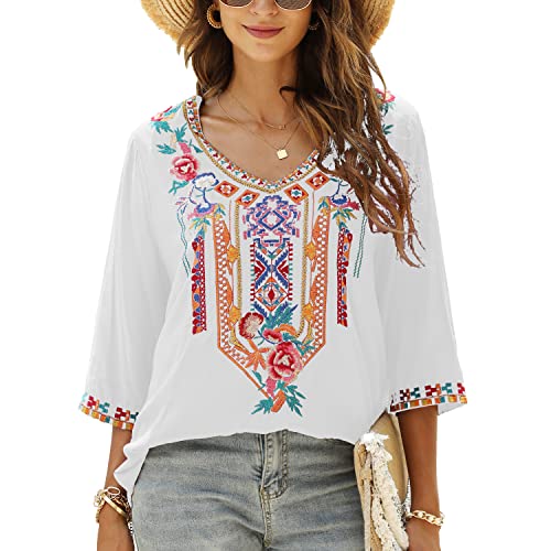 Seasonal Böhmische Stickerei Mexikanische Tops Damen Sommer Boho Shirts Hippie Bauer 3/4 Ärmel V-Ausschnitt Blusen Tunika, Weiß-328, Small von Seasonal