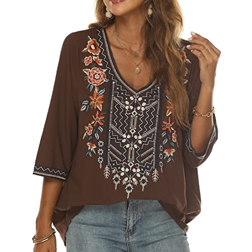 Seasonal Bohemian Embroidery Mexican Tops Damen Sommer Boho Shirts Hippie Bauer 3/4 Ärmel V Ausschnitt Blusen Tunika, Braun-324, Small von Seasonal