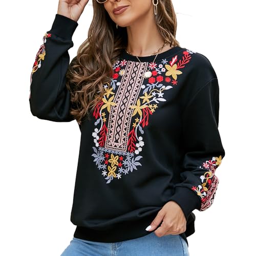Seasonal Bohemian Stickerei Tunika Damen Langarm Hippie Kleidung Boho Oberteile Elegante Trachtenbluse Sweatshirt(525,Schwarz,XL) von Seasonal