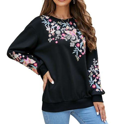 Seasonal Bohemian Stickerei Tunika Damen Langarm Hippie Kleidung Boho Oberteile Elegante Trachtenbluse Sweatshirt(526,Schwarz,M) von Seasonal