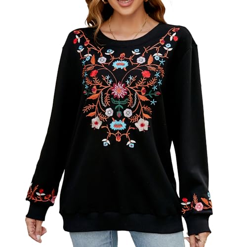 Seasonal Bohemian Stickerei Tunika Damen Langarm Hippie Kleidung Boho Oberteile Elegante Trachtenbluse Sweatshirt(712,Schwarz,S) von Seasonal