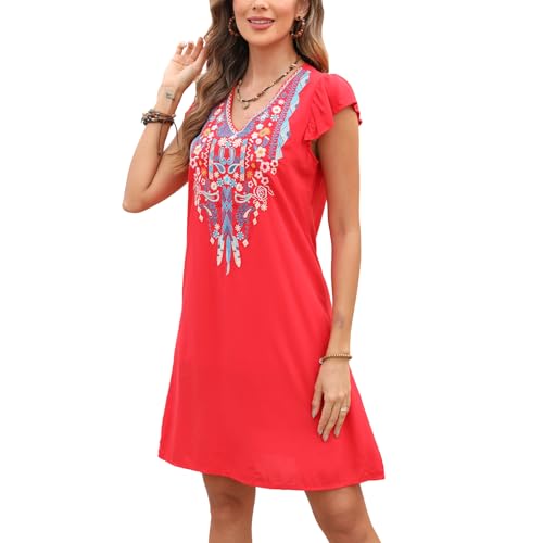 Seasonal Boho Kleidung Damen, Sommerkleid Damen Elegant Kleider Casual V Ausschnitt, Folklore Besticktes Kleid in A-Linie, Hippie Lose Kurzarm Strandkleider Sommer Flowy Bohemian Tunika von Seasonal