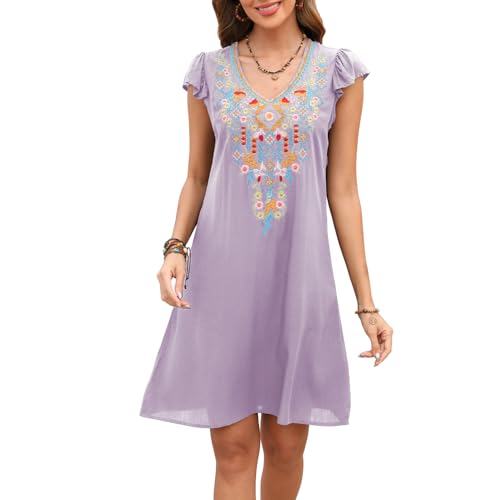 Seasonal Boho Kleidung Damen, Sommerkleid Damen Elegant Kleider Casual V Ausschnitt, Folklore Besticktes Kleid in A-Linie, Hippie Lose Kurzarm Strandkleider Sommer Flowy Bohemian Tunika von Seasonal