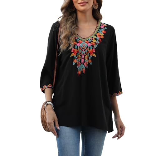 Seasonal Boho Tunika Damen Sommer Mexikanische Blumen Bestickt V-Ausschnitt Top 3/4 Ärmel Hippie Lose Frauen Folklore Tops(804-Schwarz,M) von Seasonal