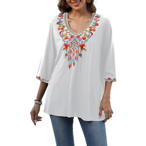 Seasonal Boho Tunika Damen Sommer Mexikanische Blumen Bestickt V-Ausschnitt Top 3/4 Ärmel Hippie Lose Frauen Folklore Tops(804-Weiß,L) von Seasonal
