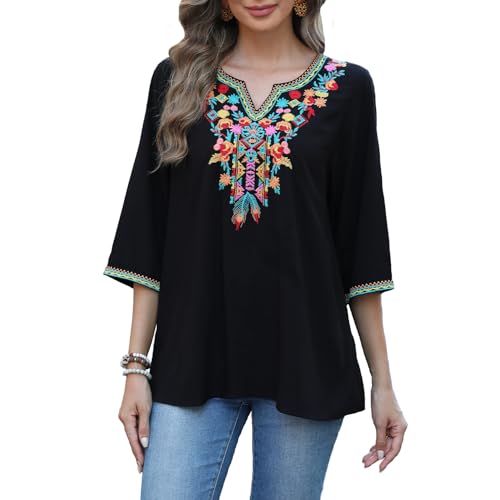 Seasonal Boho Tunika Damen Sommer Mexikanische Blumen Bestickt V-Ausschnitt Top 3/4 Ärmel Hippie Lose Frauen Folklore Tops(806-Schwarz,M) von Seasonal