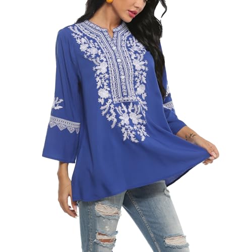 Seasonal Damen Hippie Bluse Bohemian Mexican Top 3/4 Ärmel V-Ausschnitt Button-up Tunika Folklore Bluse Mit Stickerei(200,Blau-3XL) von Seasonal
