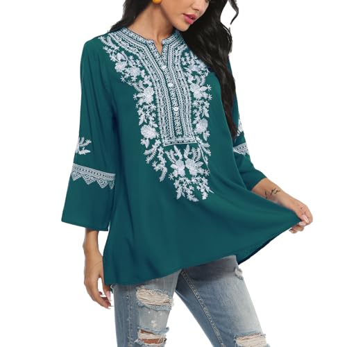 Seasonal Damen Hippie Bluse Bohemian Mexican Top 3/4 Ärmel V-Ausschnitt Button-up Tunika Folklore Bluse Mit Stickerei(200,Grün-M) von Seasonal