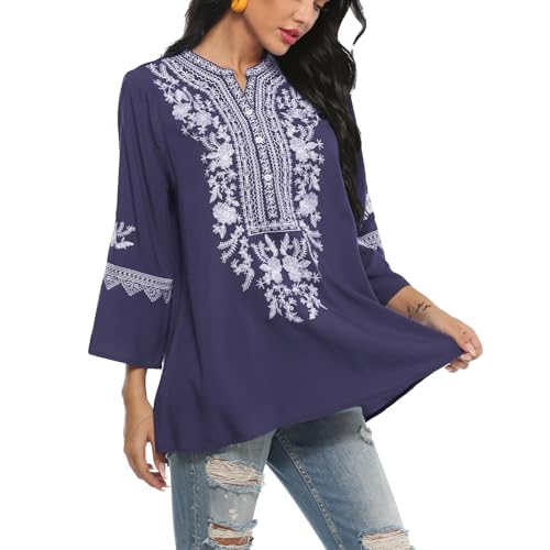 Seasonal Damen Hippie Bluse Bohemian Mexican Top 3/4 Ärmel V-Ausschnitt Button-up Tunika Folklore Bluse Mit Stickerei(200,Violett-XXL) von Seasonal