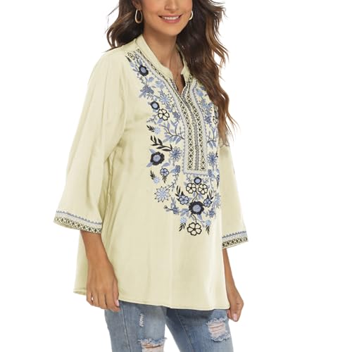 Seasonal Damen Hippie Bluse Bohemian Mexican Top 3/4 Ärmel V-Ausschnitt Button-up Tunika Folklore Bluse Mit Stickerei(372,Gelb-XXL) von Seasonal